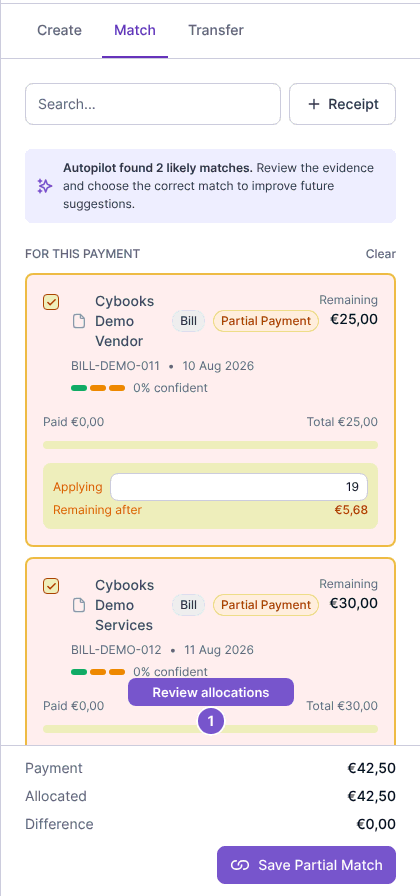 Two selected bills with allocation fields and the payment, allocated and difference totals
