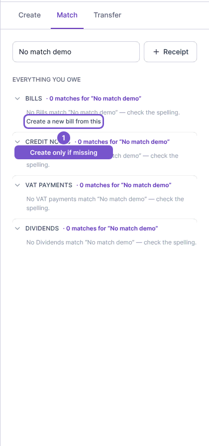 Match panel showing zero search results and Create a new bill from this in the Bills group