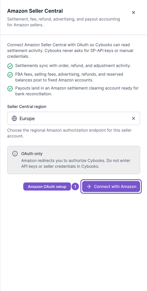 Amazon Seller Central connection form with region selection and Connect with Amazon button