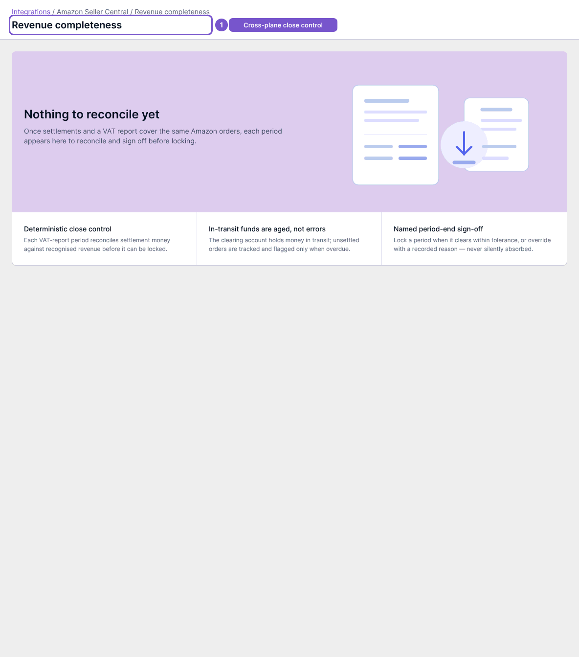 Revenue completeness empty view explaining that settlement and VAT report data for the same orders are needed