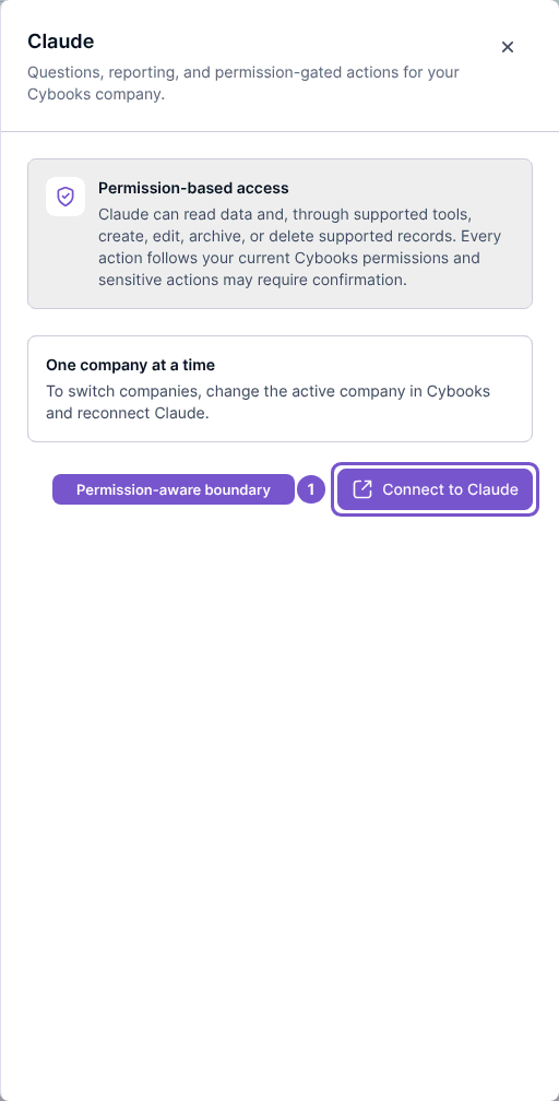 Claude connection card describing permission based access and one company at a time