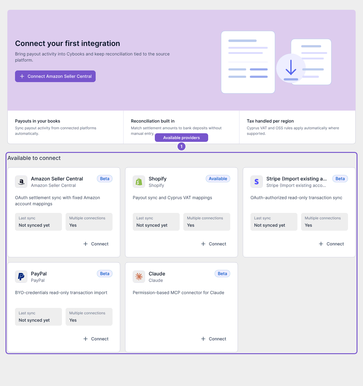 Integrations page showing provider cards and Connect actions