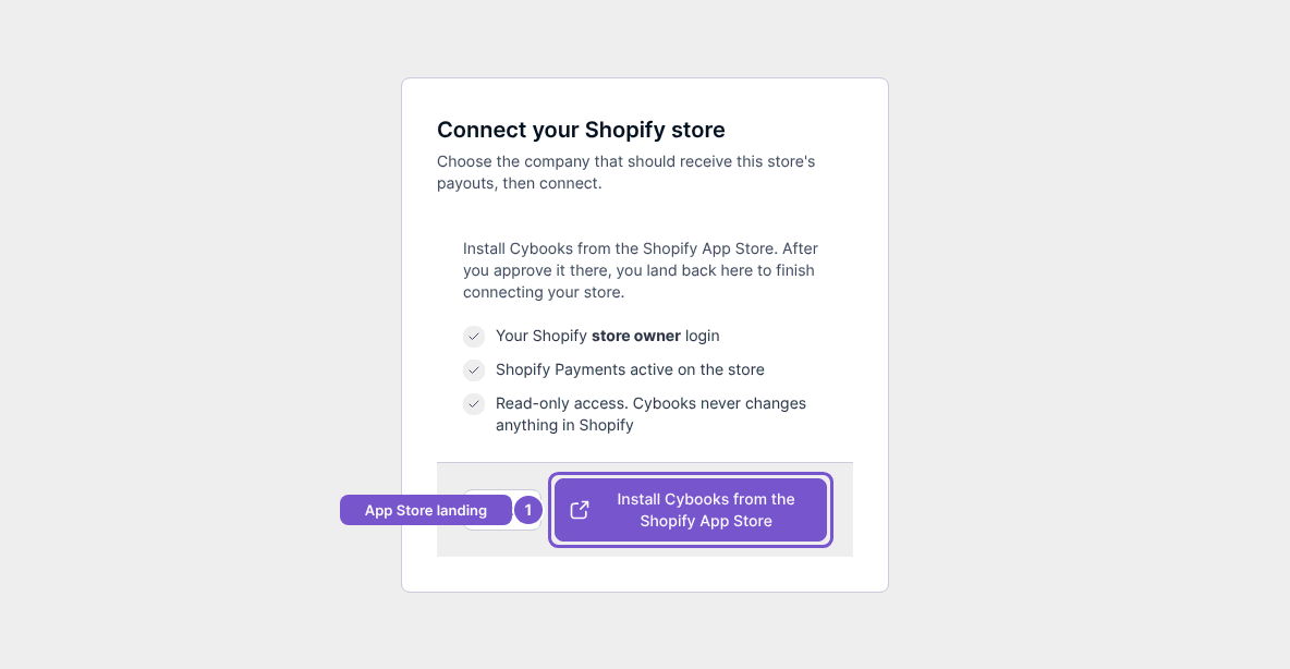 Connect your Shopify store page with Install Cybooks from Shopify App Store action