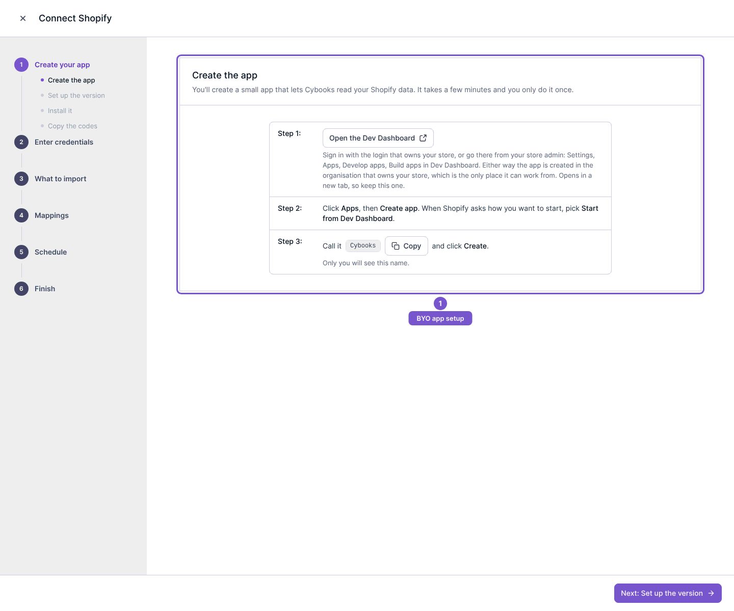Shopify own app wizard at Create your app with steps for credentials, imports, mappings, schedule and finish