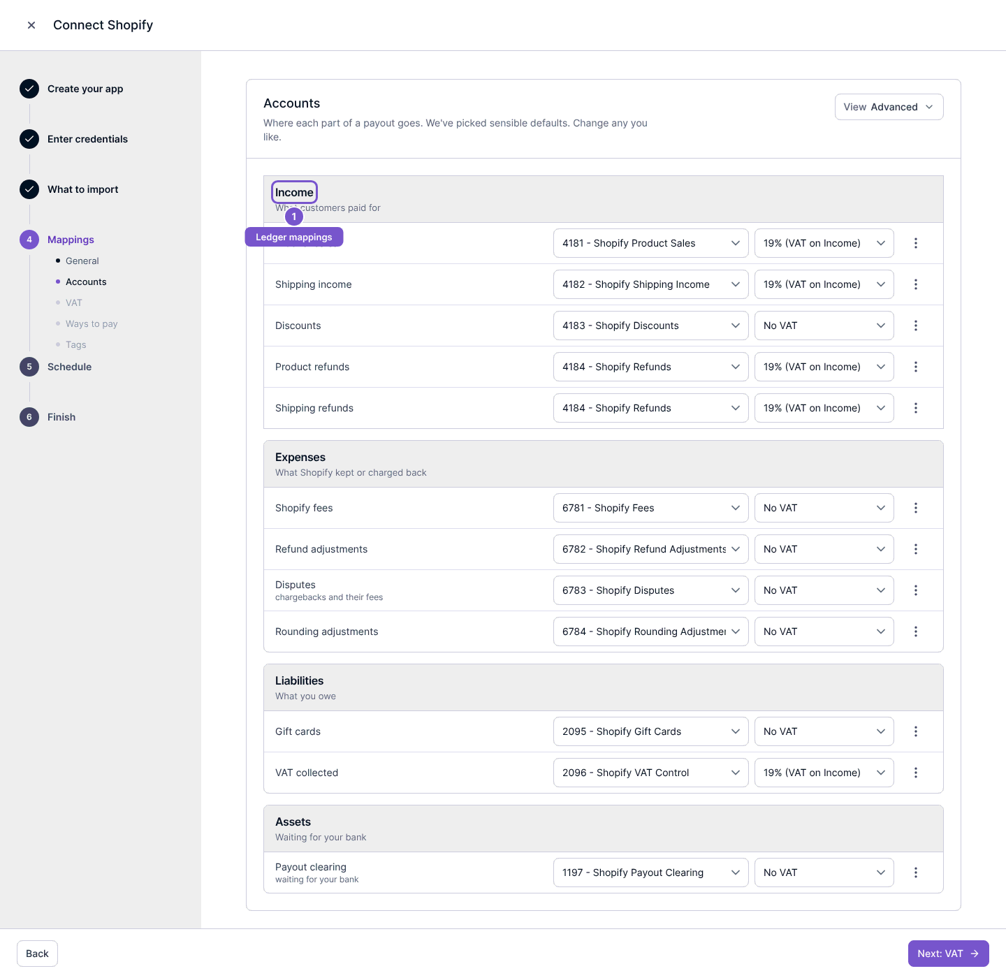 Shopify advanced account mappings showing income, expense, liability and clearing account selections