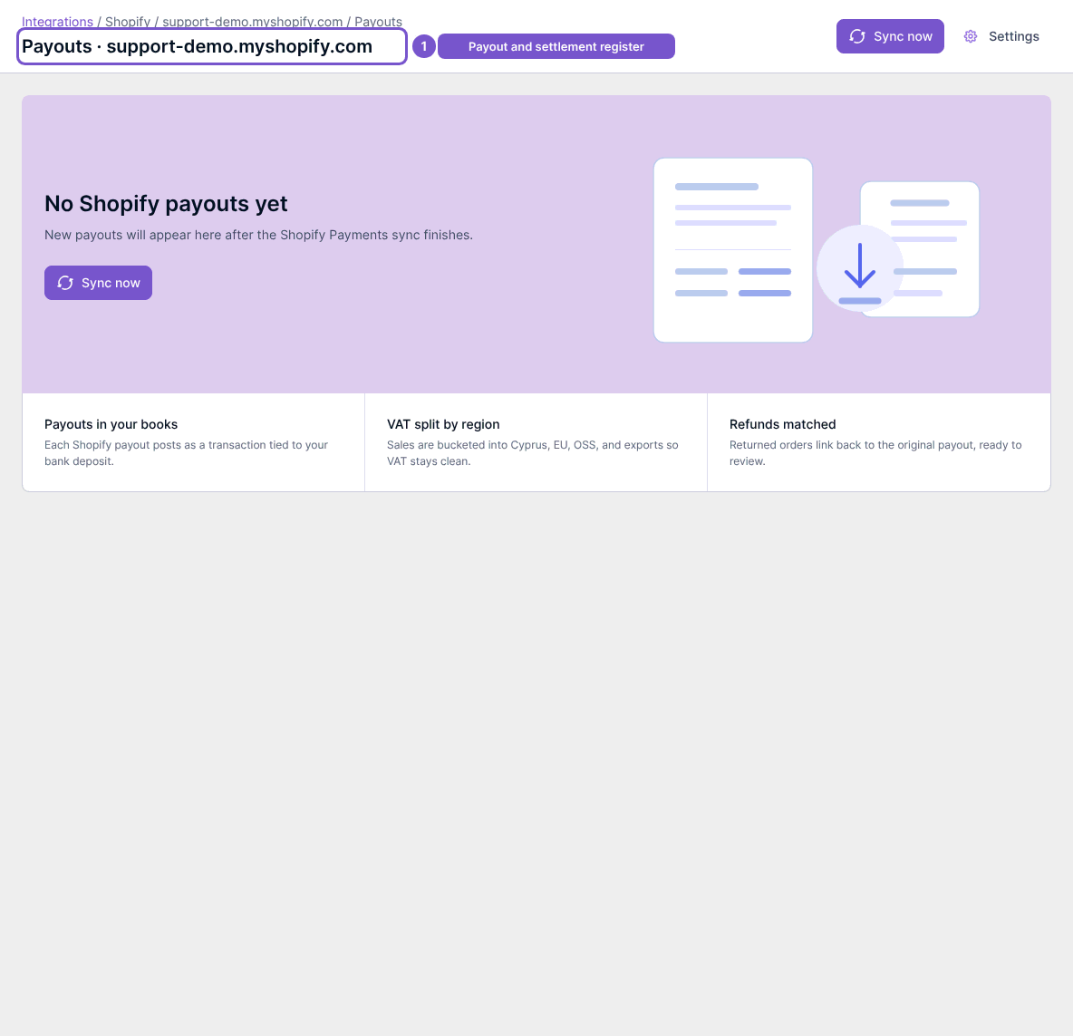 Shopify payouts empty state showing No Shopify payouts yet, Sync now and Settings