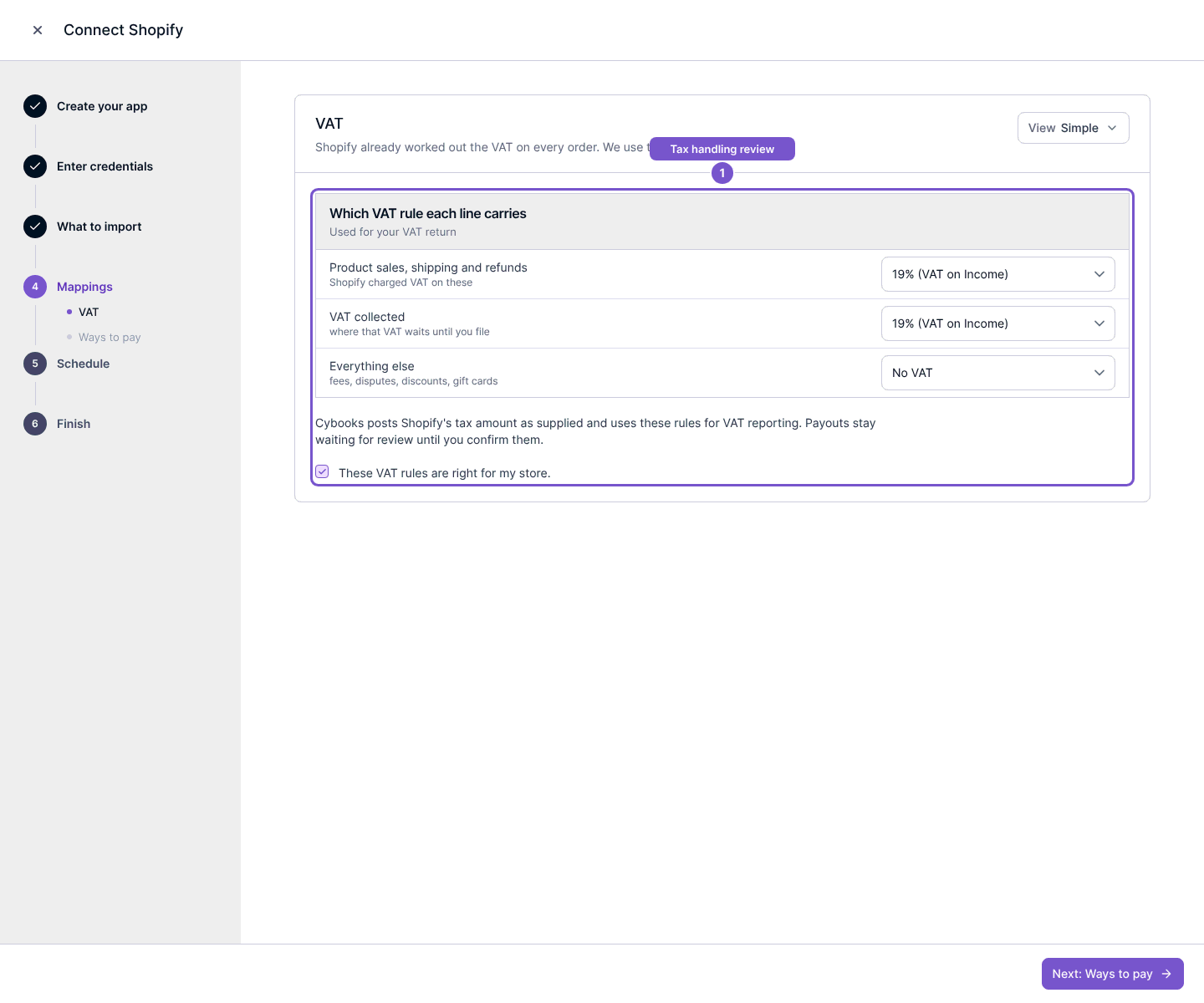 Shopify VAT mapping review with per line VAT rules and These VAT rules are right for my store checkbox