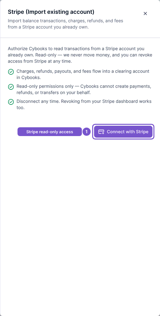 Stripe import connection form with Connect with Stripe button