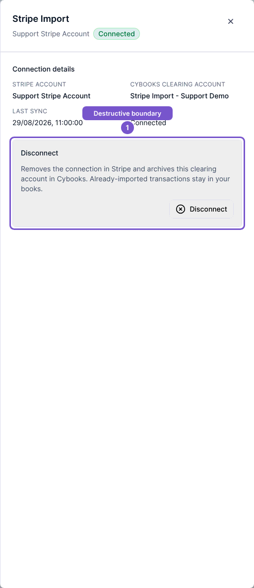 Stripe import management panel with account information and Disconnect section