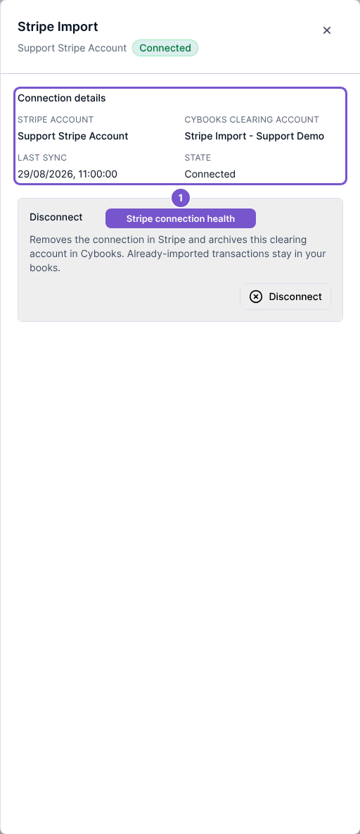 Stripe import management showing account, clearing account, last sync and connection state