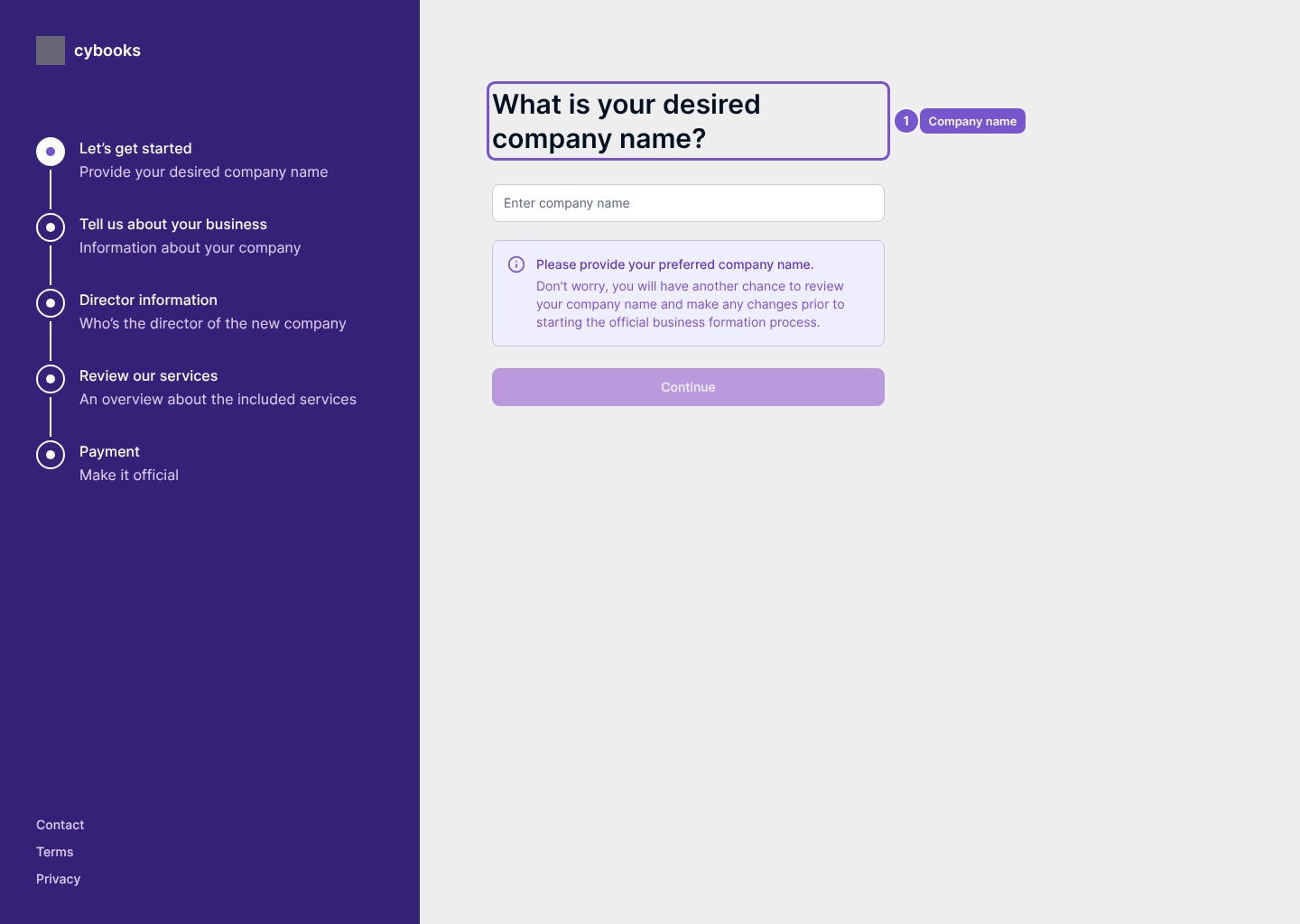 Company-in-a-box name step with business, director, services and payment stages in the sidebar