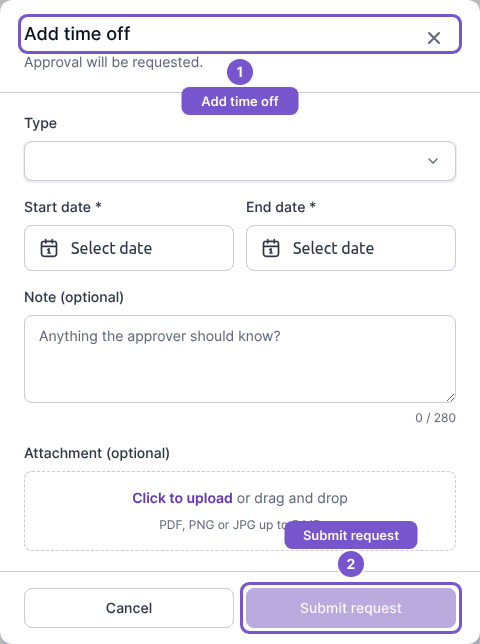 Add time off form with type, dates, optional note and attachment, Cancel and disabled Submit request
