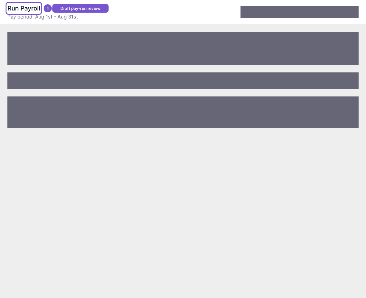 Run Payroll header and pay period with sensitive draft detail regions concealed
