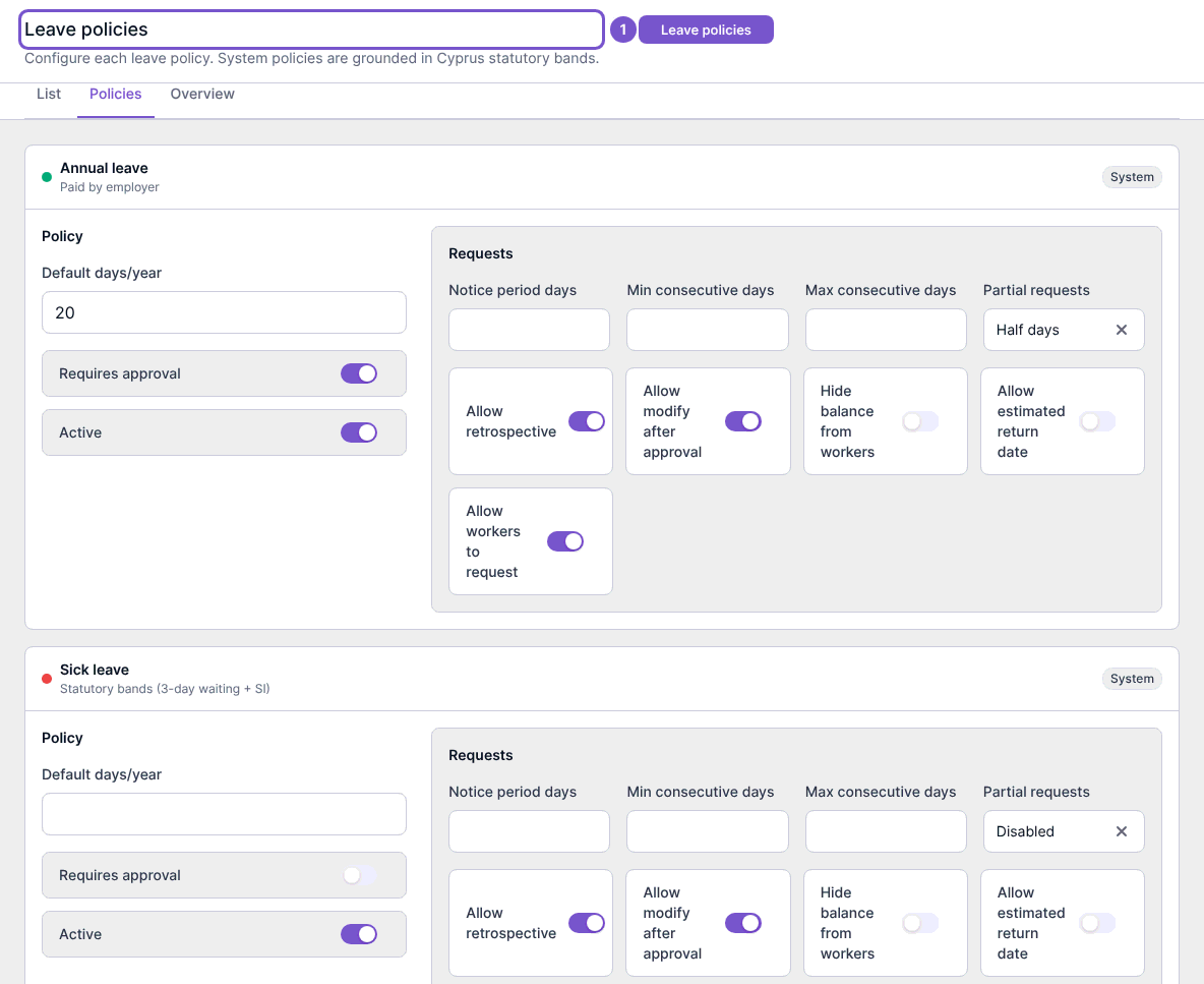 Leave policies showing annual and sick leave settings, request limits, approval and worker access controls