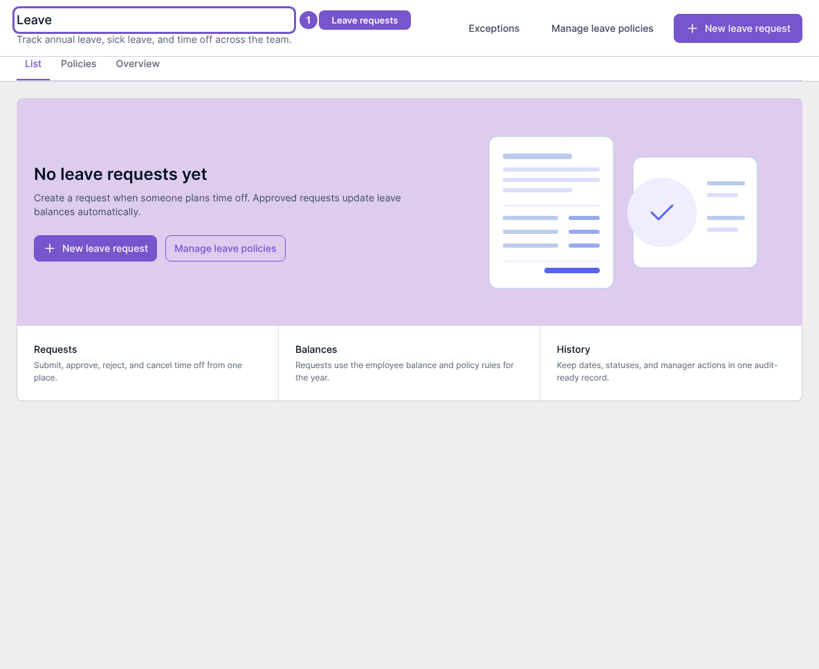 Leave register empty state with New leave request, Exceptions, Manage leave policies and List, Policies, Overview tabs