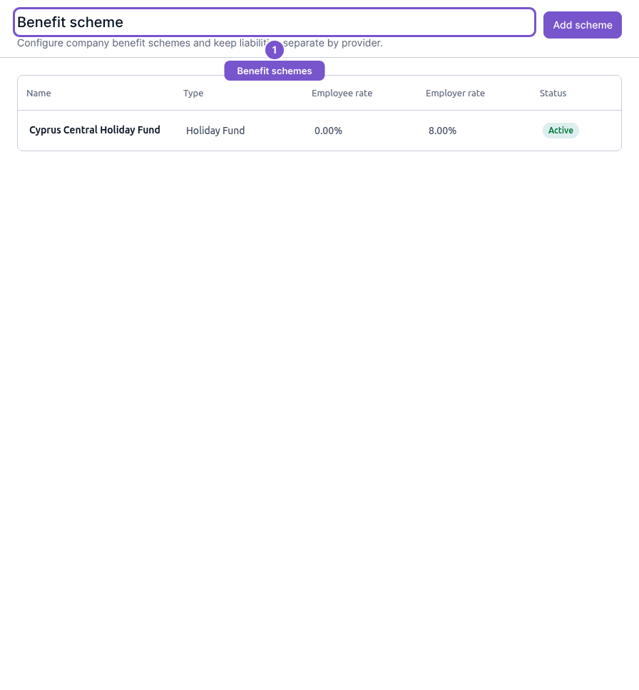Benefit scheme register with employee and employer rate columns and Add scheme