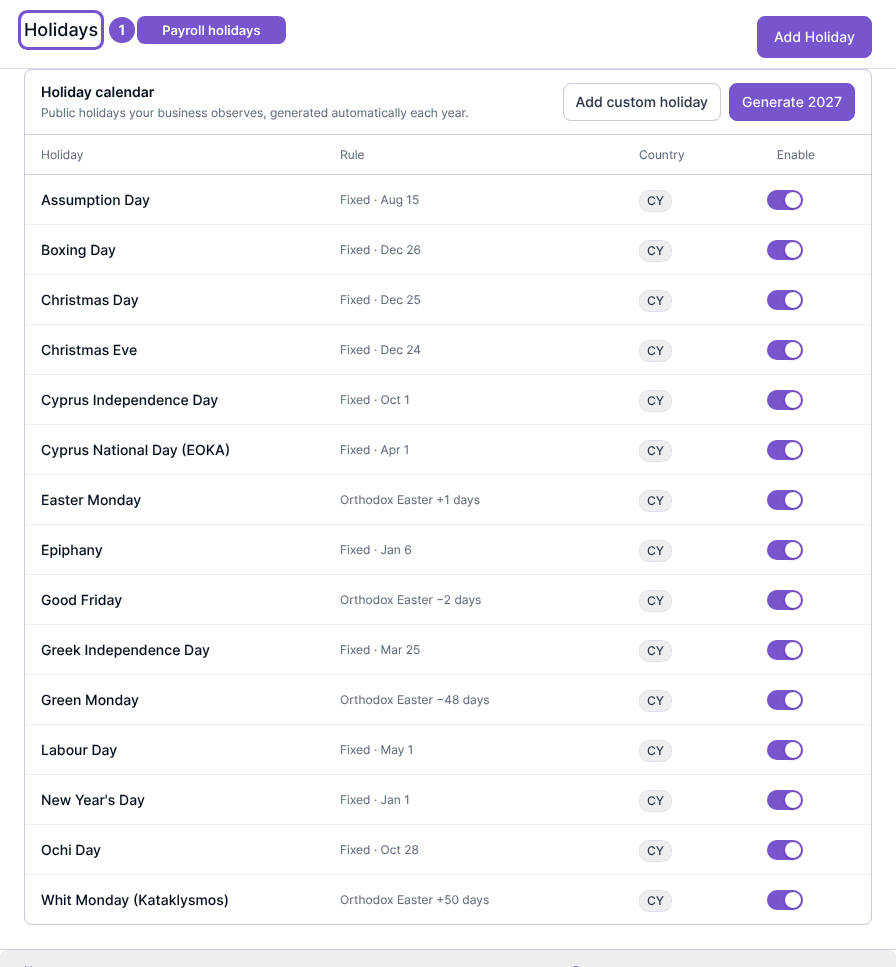 Holidays page with recurring holiday calendar, Add Holiday, Add custom holiday and year generation actions