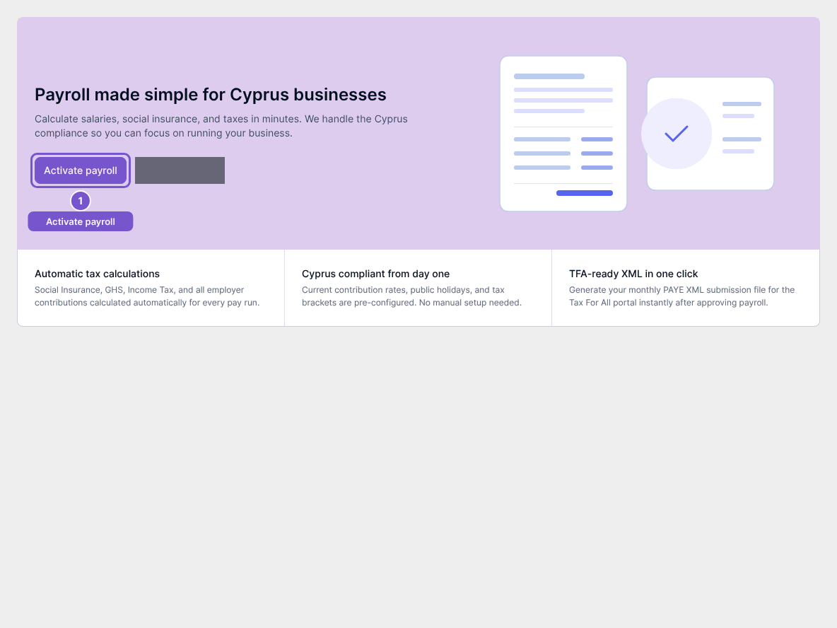 Payroll setup introduction with the Activate payroll action