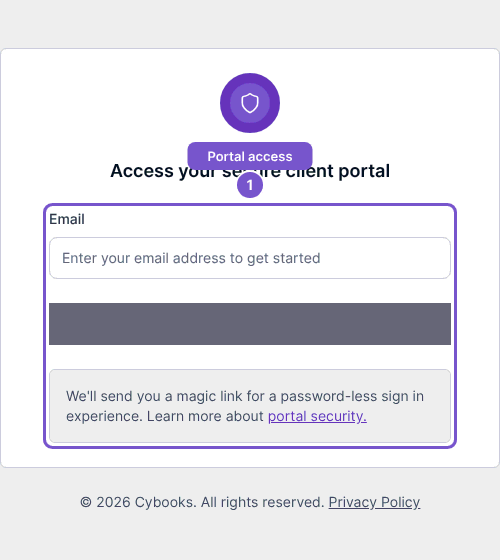 Client portal sign-in form with Email field and explanation of passwordless magic link access