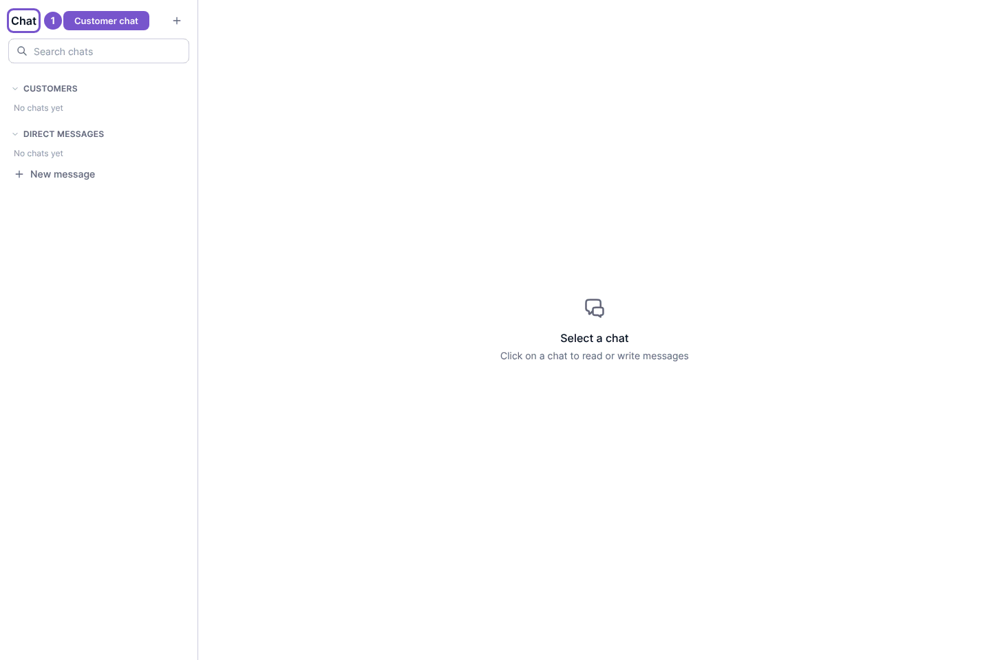 Customer portal Chat with conversation sections and the Select a chat empty state