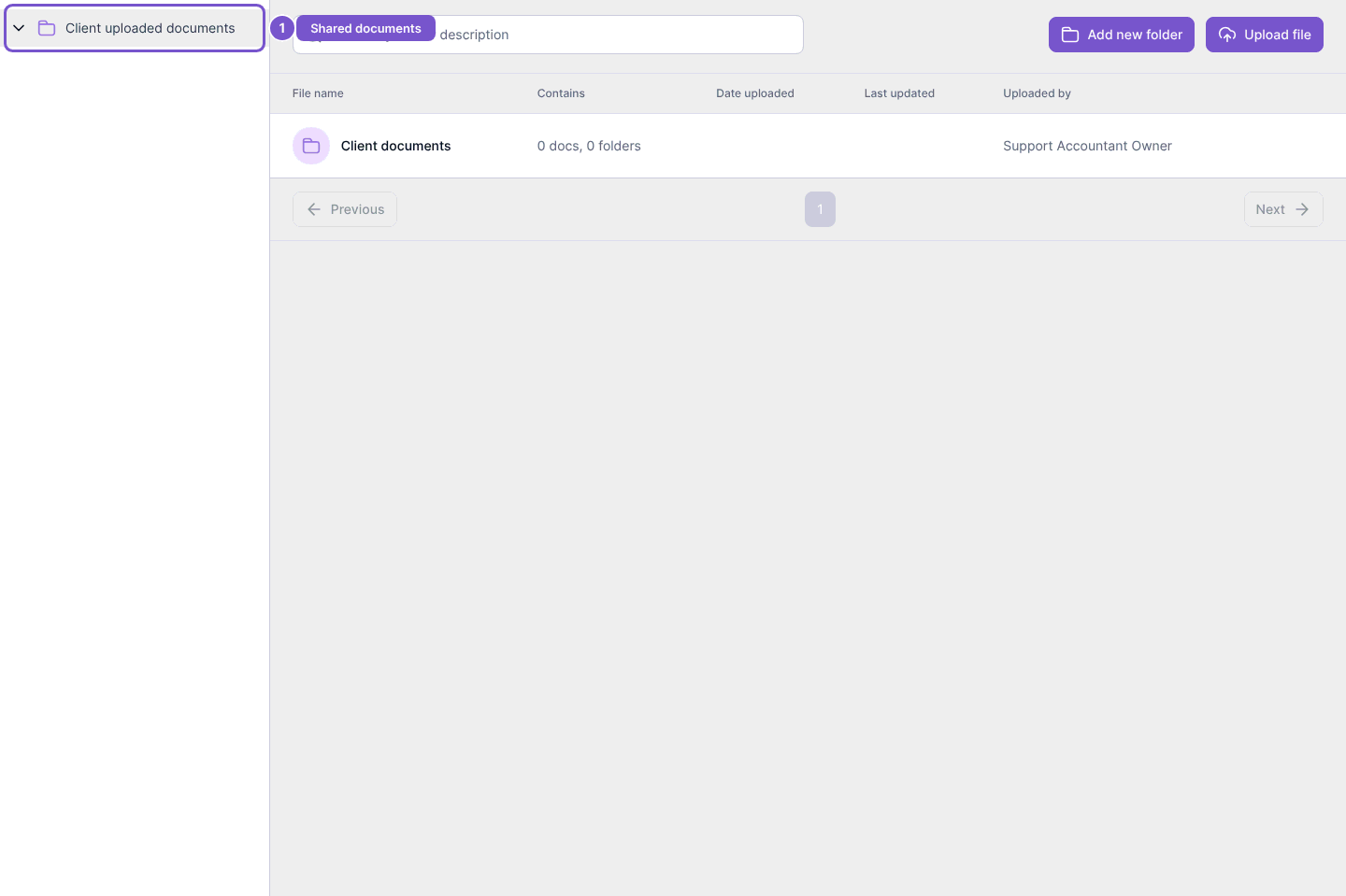 Portal Documents list with a shared Client documents folder