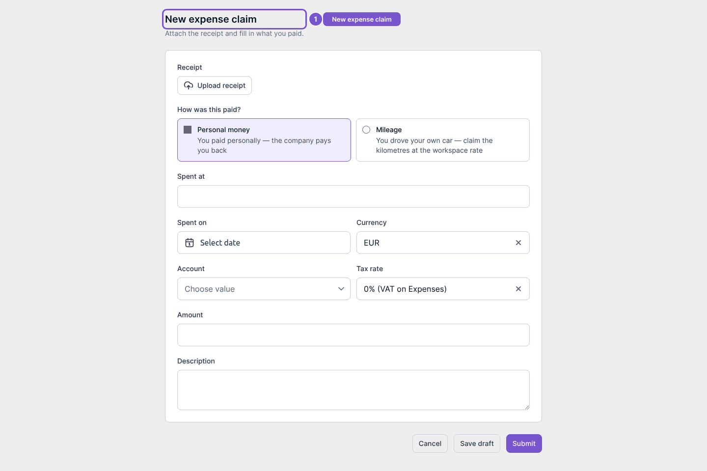 New expense claim form with receipt, expense details and separate draft and submit controls