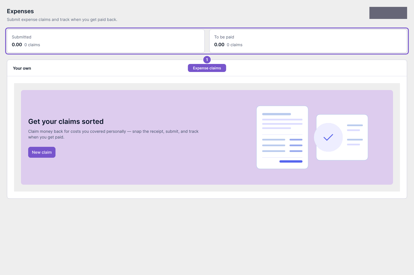 Employee Expenses page with Submitted and To be paid summaries and the claims area