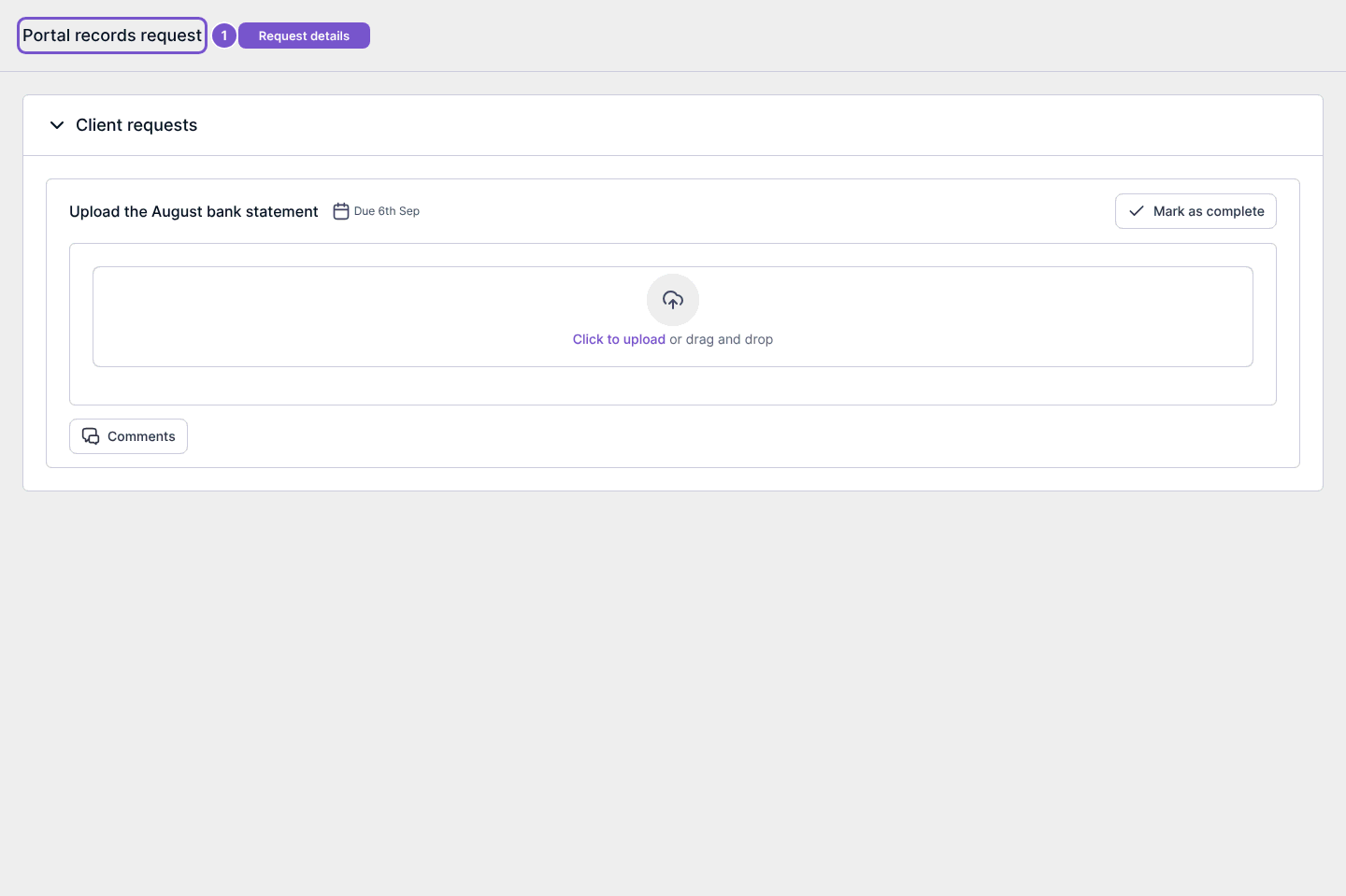 Portal request details with a requested document, due date and upload area