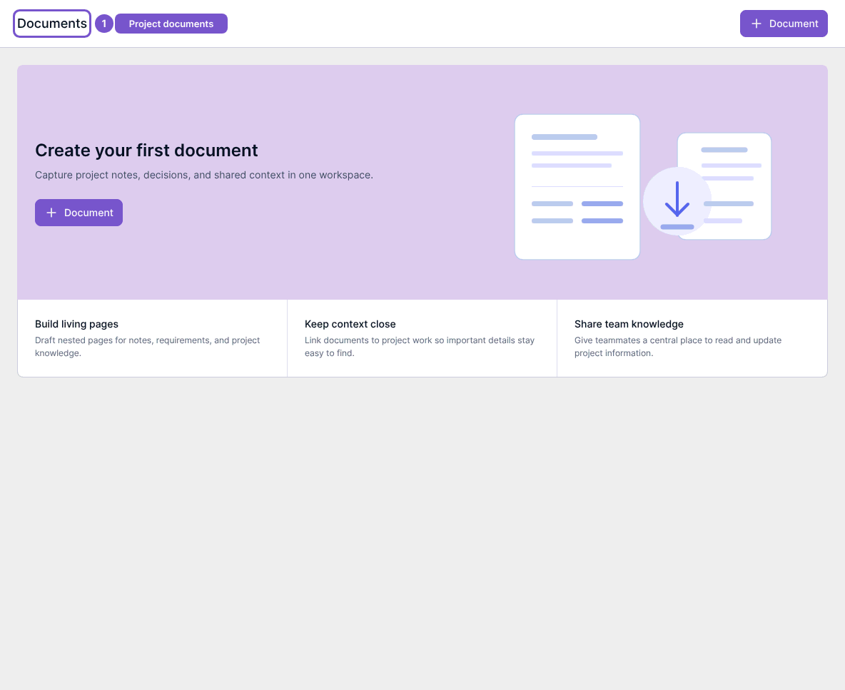 Project Documents page showing Create your first document