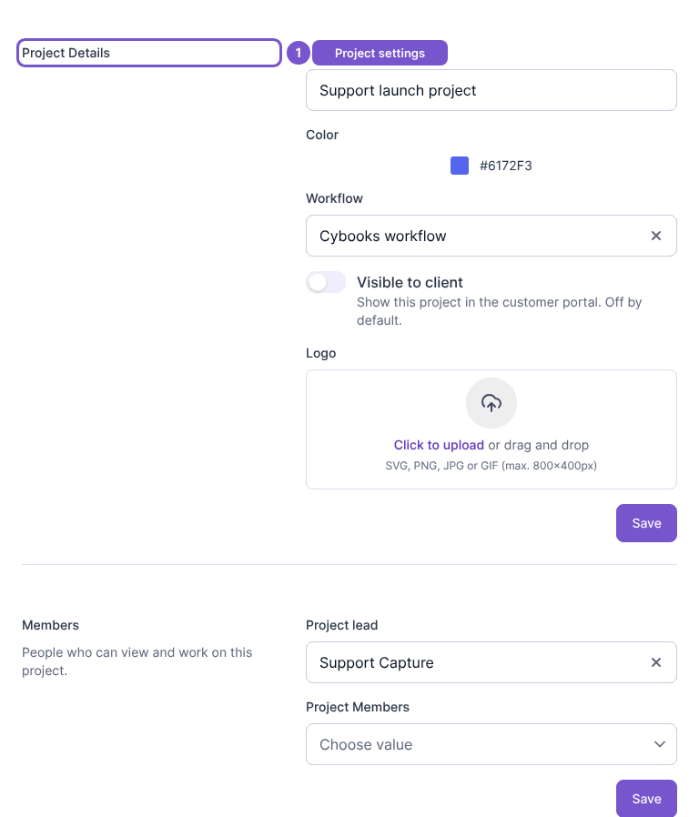 Project Details settings with information and member sections