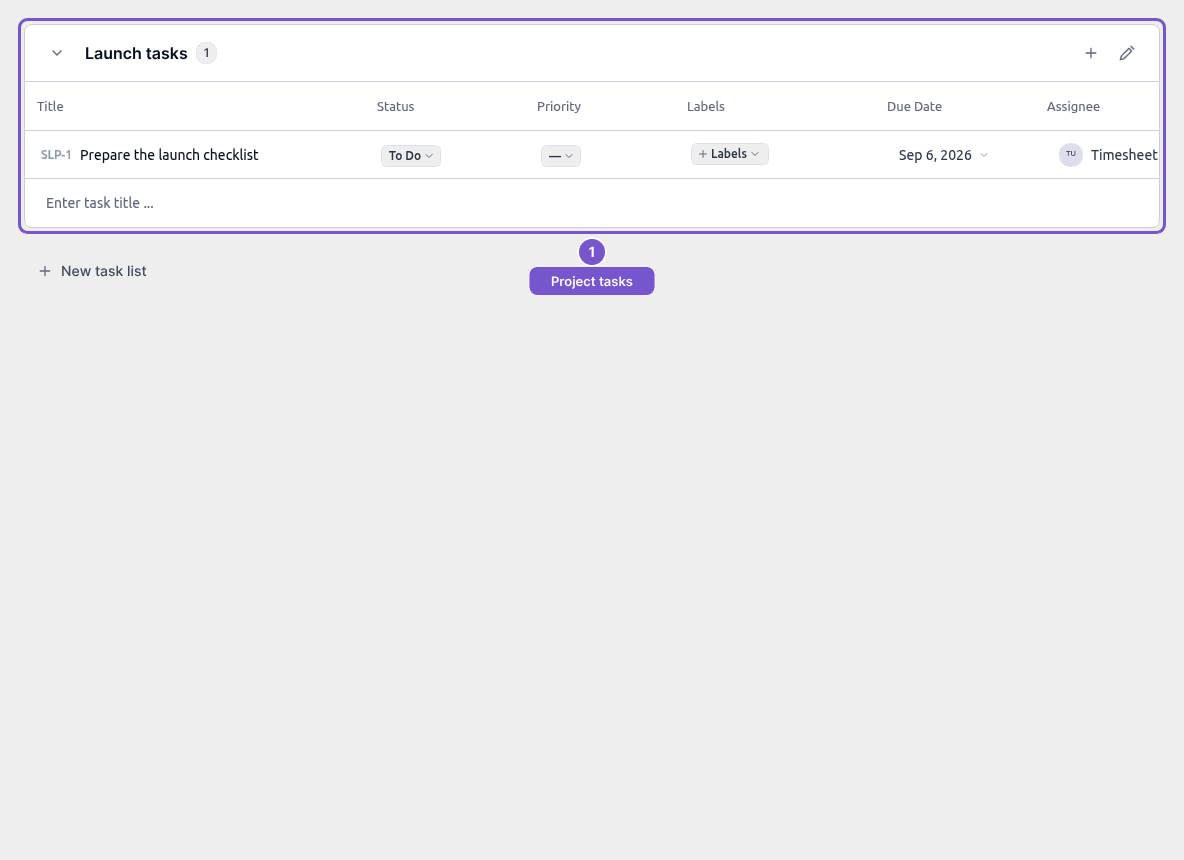 Project task list with status, priority, labels, due date and assignee columns