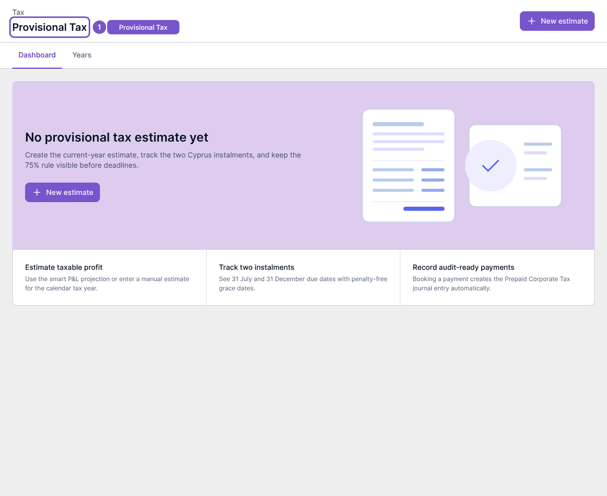 Provisional Tax Dashboard showing No provisional tax estimate yet