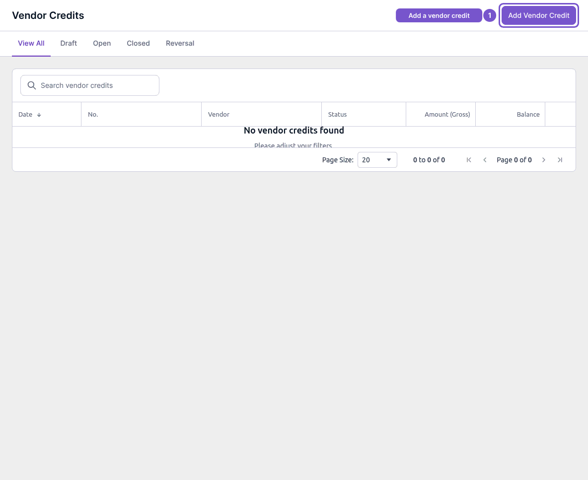 Vendor Credits page with the Add Vendor Credit action highlighted