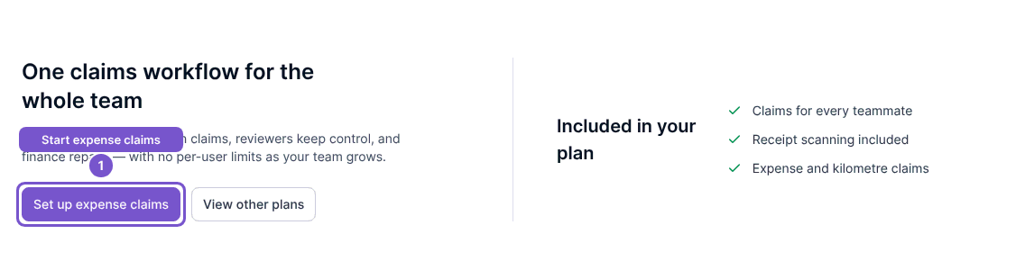 Expense claims first-run page with the Set up expense claims action highlighted