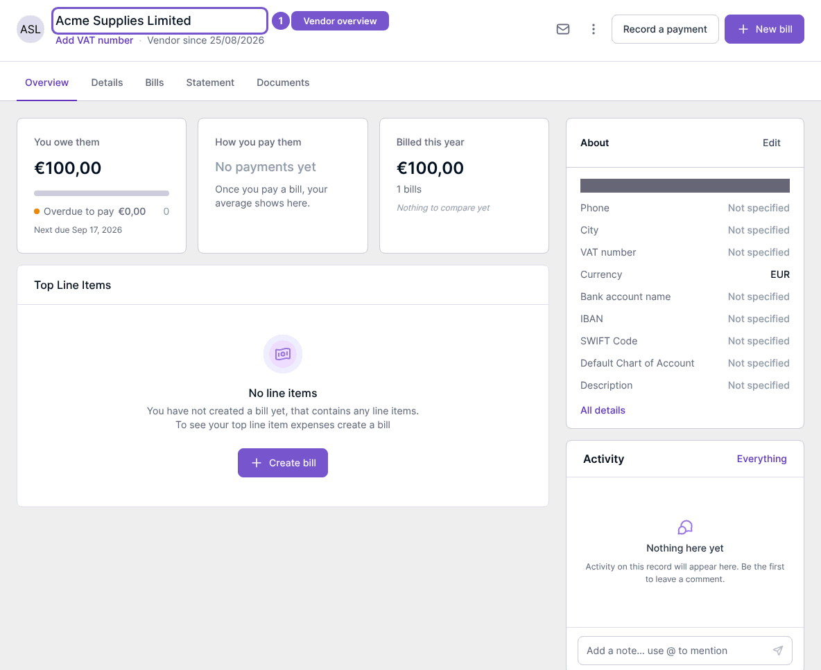 Vendor Overview with balances, bill activity and vendor details