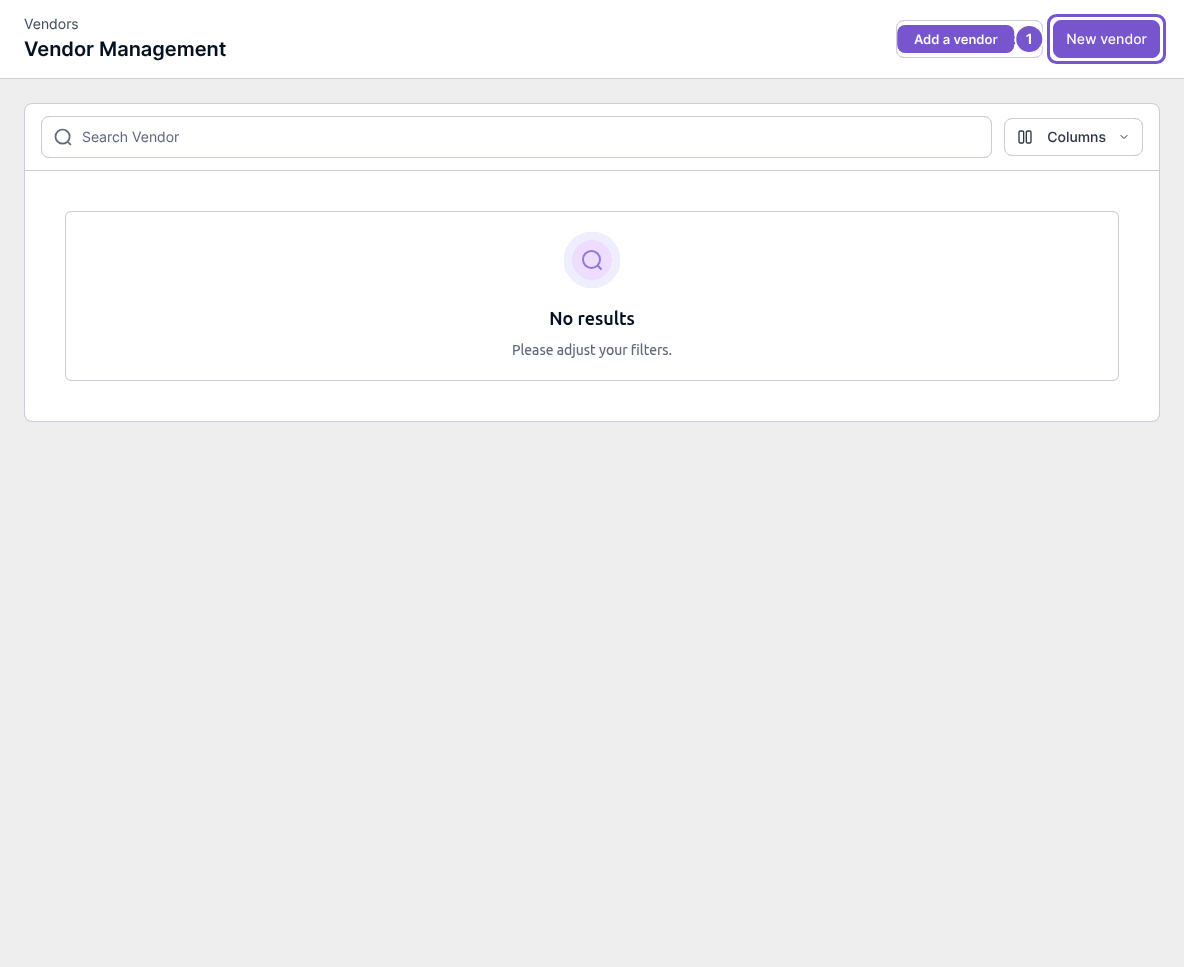 Vendor Management page with the New vendor action highlighted