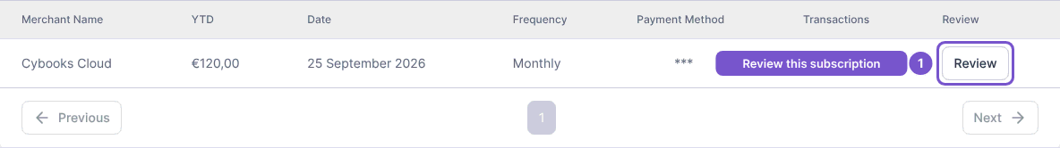Possible subscriptions view with the Review action highlighted