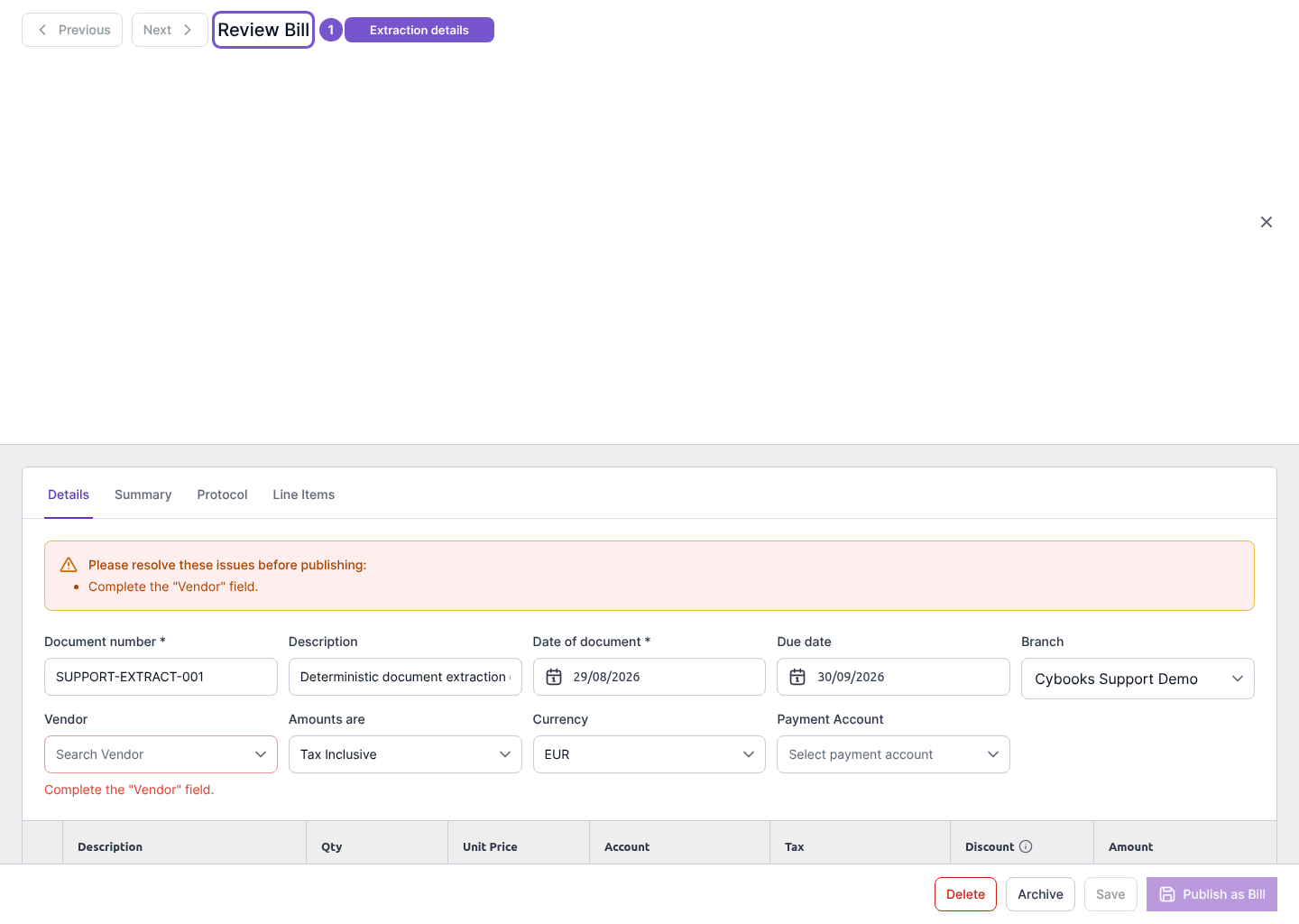 Extracted document Details editor with a vendor validation message