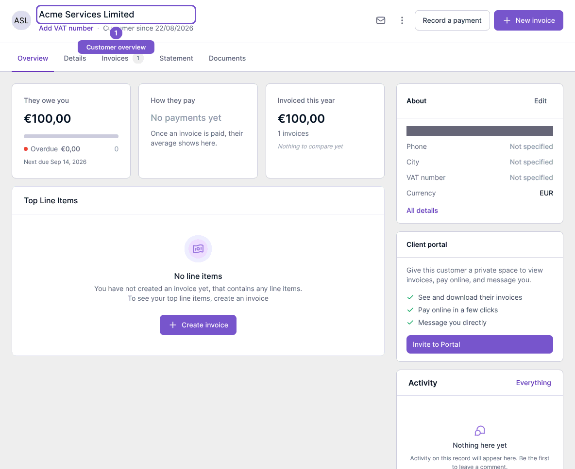 Customer Overview showing balances, invoice activity and customer details