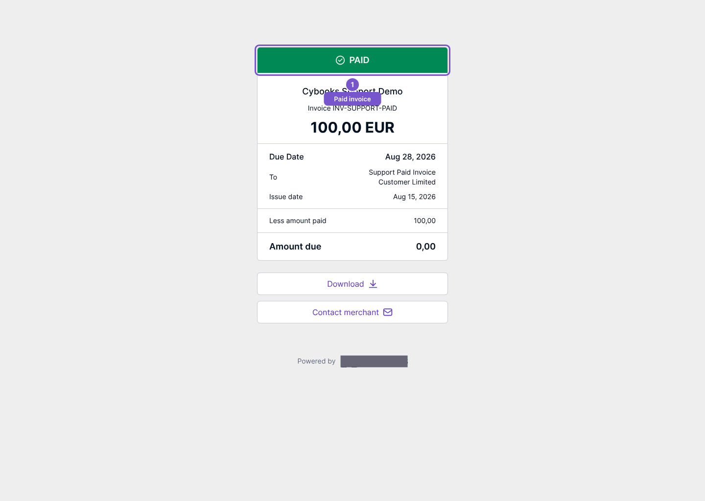 Online invoice marked PAID with a zero amount due