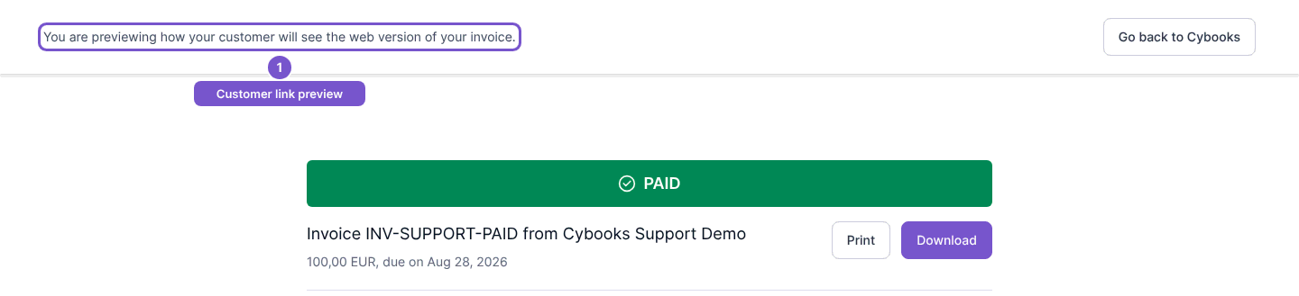 Customer invoice preview banner and a paid invoice heading
