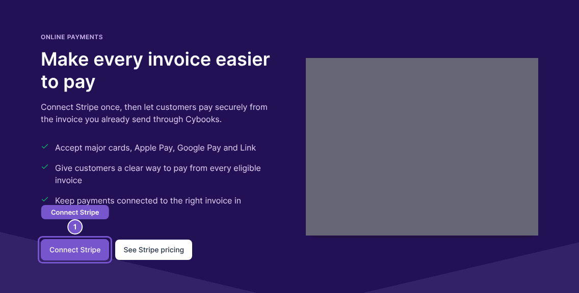 Online Payments setup page with the Connect Stripe action highlighted