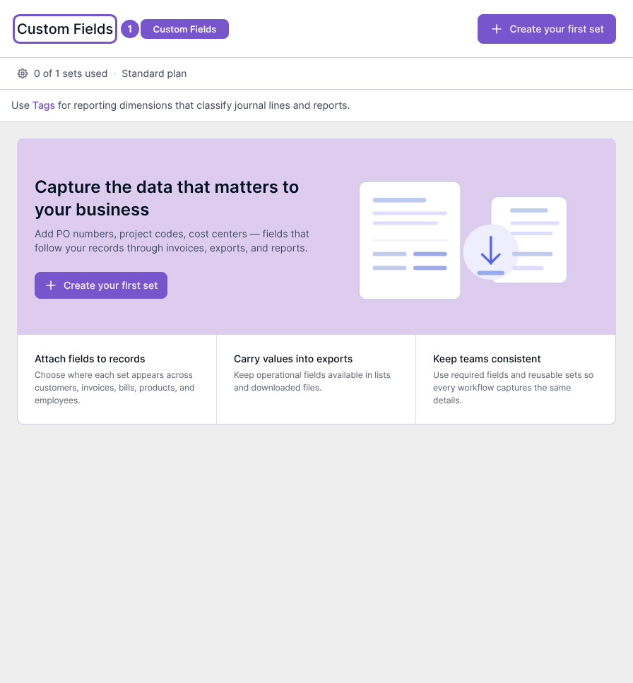 Custom Fields page showing Create your first set