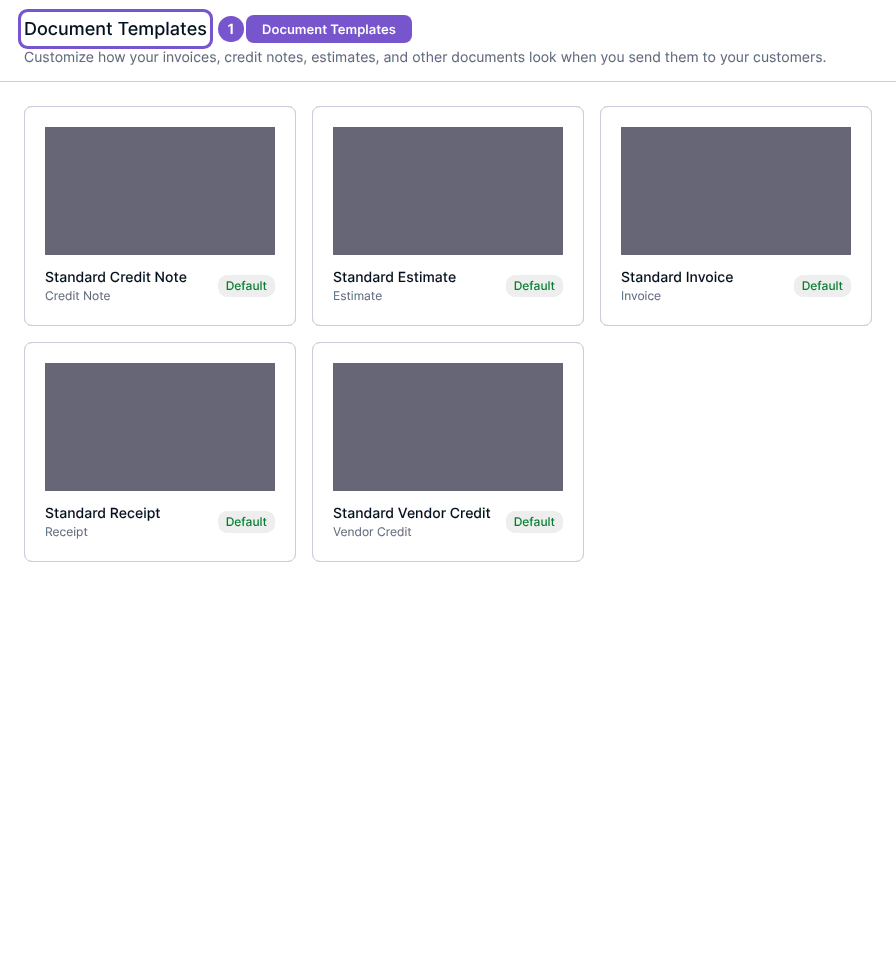 Document Templates catalog with document-type cards and Default markers