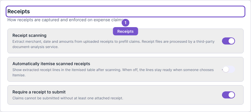 Expense claim Receipts settings with scanning, itemisation and required-receipt controls