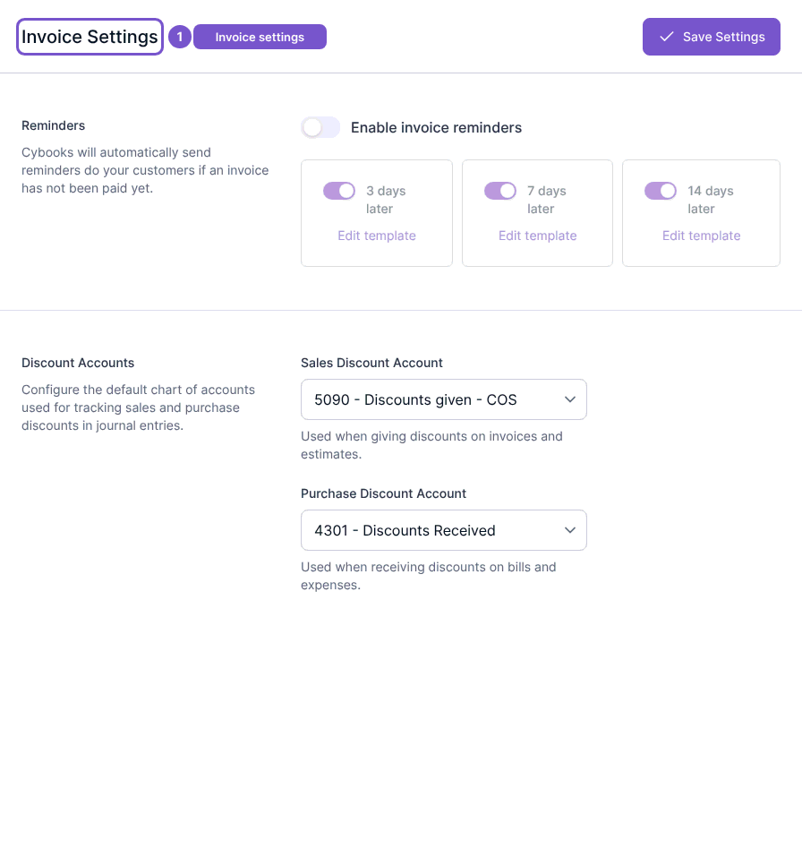 Invoice Settings page with Reminders and discount-account selections