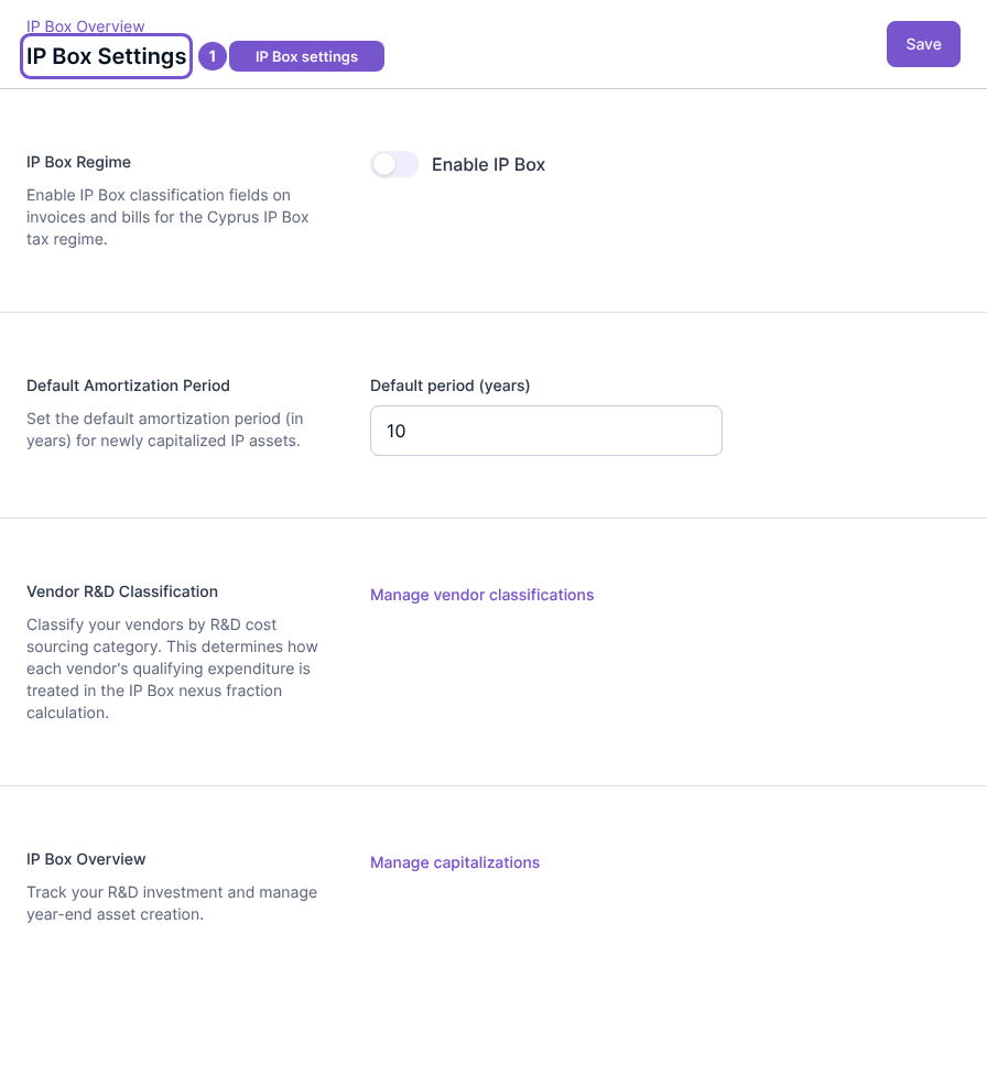 IP Box Settings page with regime and default amortization controls