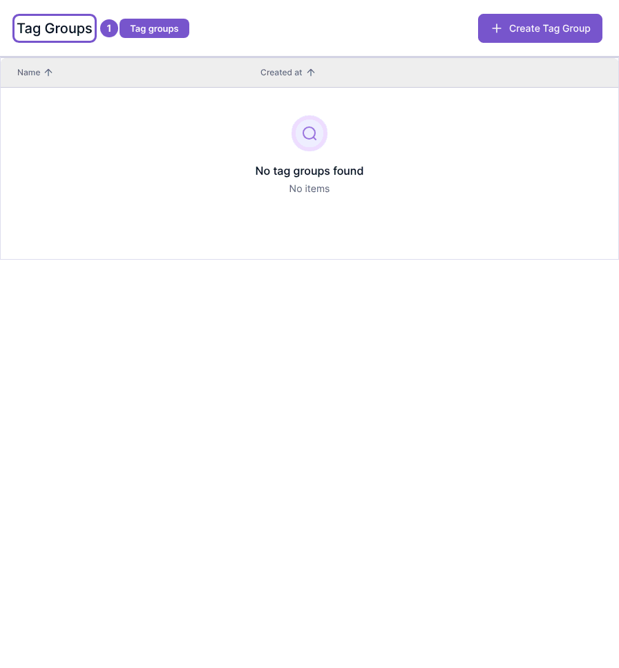 Tag Groups settings with an empty list