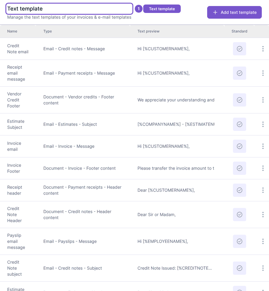 Text template list showing names, types and text previews