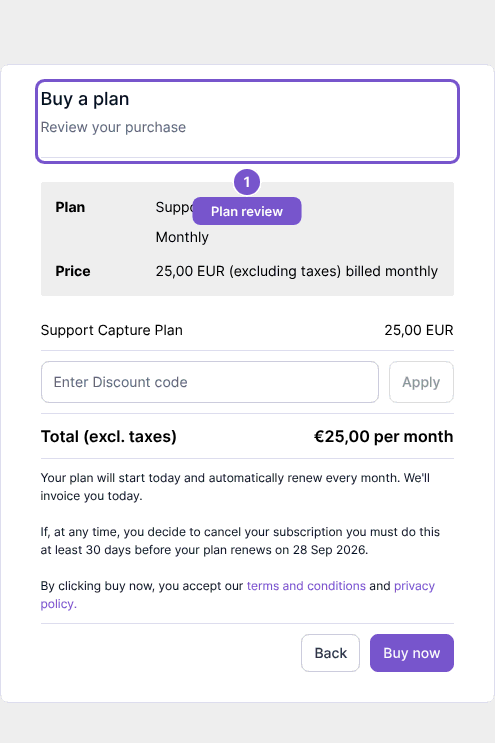 Buy a plan page showing the selected plan and purchase summary